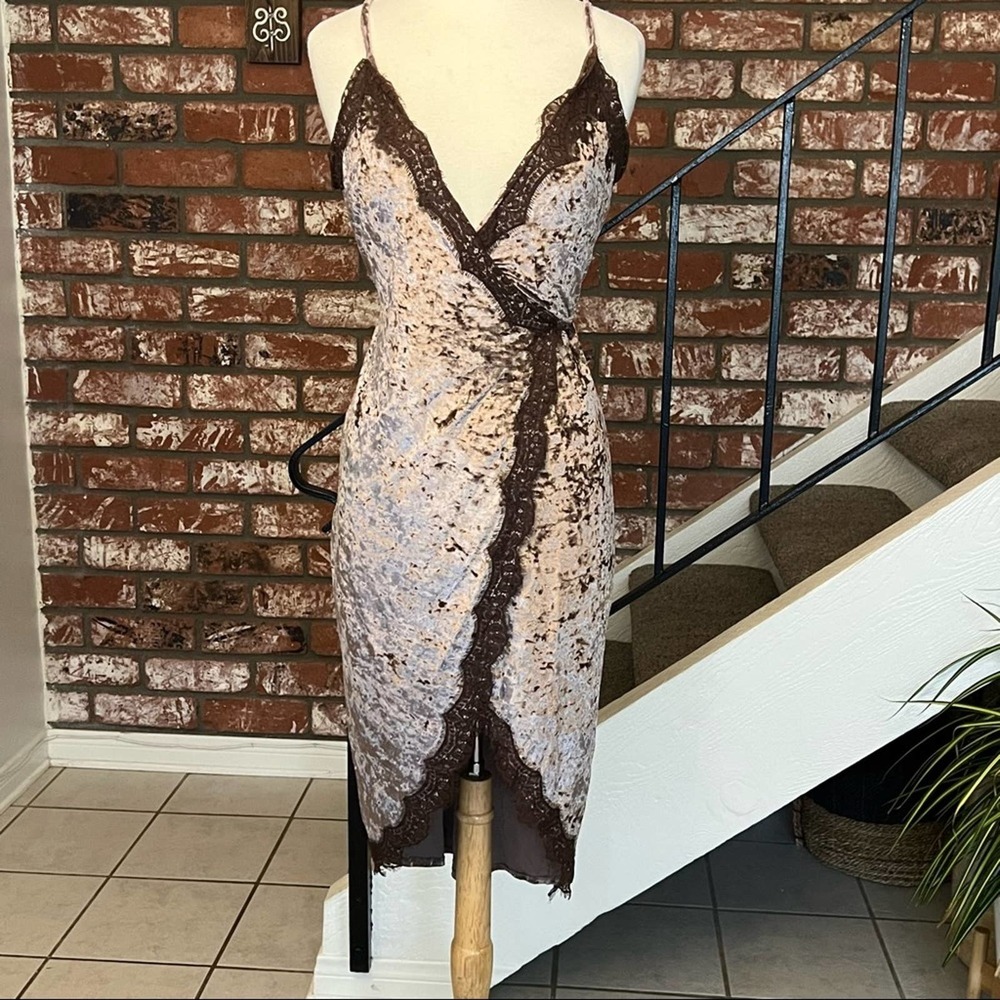 Velvet Lace-Trim Maxi Slip Dress in Taupe/Brown